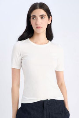Slim Fit Dar Kesim Bisiklet Yaka Basic Duz Fitilli Kaskorse K?sa Kollu Tisort