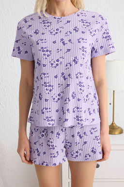 Trendyolmilla Lila Cicekli Fitilli Sortlu Orme Pijama Tak?m? THMSS25PT00015  фото 3