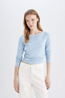 Женская базовая однотонная футболка с вырезом лодочкой и длинными рукавами - Defacto фото 4