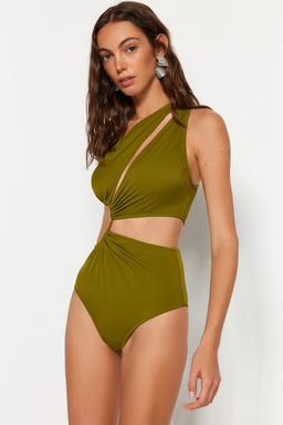 Haki Tek Omuz Tunelli Cut Out/Pencereli Regular Core Mayokini TBESS23MA00206