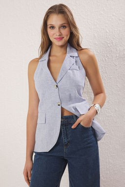 Trendyolmilla Gri Regular Keten Halter Yaka Yelek TWOSS25YE00062