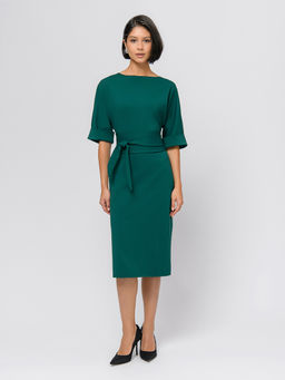 Платье изумрудного цвета длины миди с поясом и рукавами летучая мышь