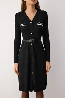 Siyah Dugme Detayl? Maxi V Yaka Triko Renk Bloklu Kemerli Elbise TWOAW26EL00003 - Trendyolmilla фото 3