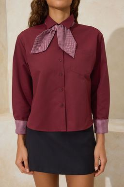 Bordo Ekoseli Fular Detayl? Gabardin Gomlek TWOSS26GO00014 - Trendyolmilla фото 7