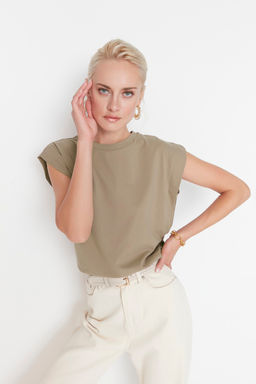 TRENDYOLMILLA Siyah %100 Pamuk Vatka Gorunumlu Basic Bisiklet Yaka Orme T-Shirt TWOSS20TS0021  фото 24