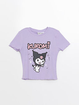 Bisiklet Yaka Kuromi Bask?l? K?z ?ocuk Crop Ti??rt