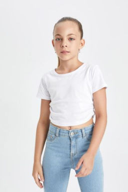 K?z Cocuk Crop Bisiklet Yaka Basic Duz K?sa Kollu Tisort