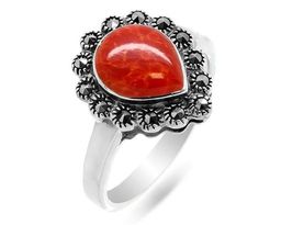 Кольцо из серебра коралл, марказит, SL-AGA80