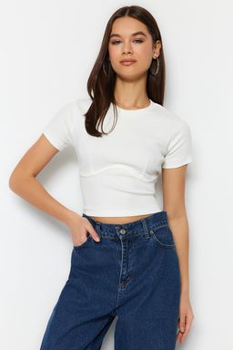 Trendyolmilla Beyaz Biye Detayl? Bisiklet Yaka Crop Fitilli Esnek Orme Bluz TWOAW21BZ0638  фото 9