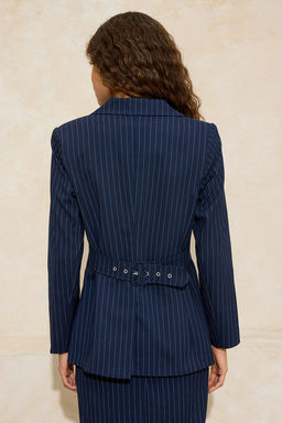 Lacivert Cizgili S?rt? Kemer Detayl? Dokuma Astarl? Vatkal? Blazer Ceket TWOSS26BC00002 - Trendyolmilla фото 6