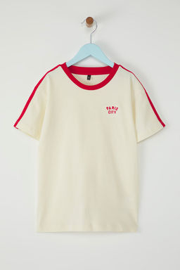 Yesil Erkek Cocuk %100 Pamuk Slogan Nak?sl? Biye Detayl? K?sa Kol Orme T-Shirt TKDSS25TS00100