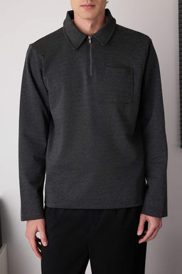 Antrasit Melanj Regular/Normal Kesim Polo Yaka Fermuarl? Kal?n Sweatshirt TMNAW26SW00007 - Trendyolmilla фото 3