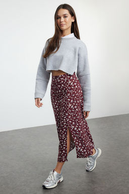 Bordo Y?rtmac Detayl? Cicek Desenli Viskon Kumasl? Midi Dokuma Etek TWOSS20ET0230