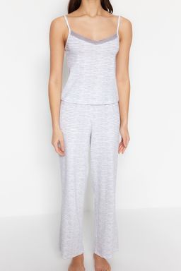 Trendyolmilla Pudra Pamuklu Cizgili Dantelli Ip Ask?l? Orme Pijama Tak?m? THMSS23PT00227 фото 11