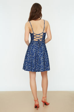 Mavi Cicek Desenli S?rt Dekolteli Belden Ac?lan Mini Ayarlanabilir Ask?l? Orme Elbise TWOSS20EL1630 - Trendyolmilla фото 2