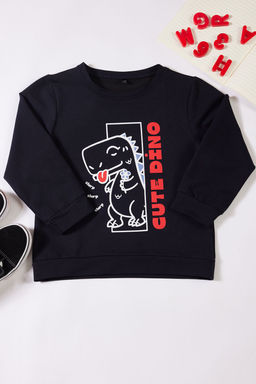 Lacivert Erkek Cocuk Mevsimlik-Ince Dinozor Desenli Bisiklet Yaka Orme Sweatshirt TKDAW25SW00005