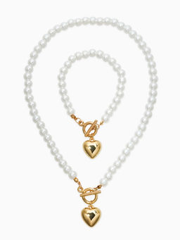 Набор 2 пред-та: бусы.браслет "Жемчуг", сердце, цвет белый в золоте L=18/42см №8