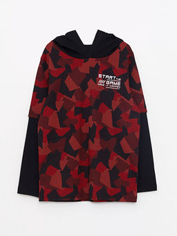 Kap??onlu Bask?l? Uzun Kollu Pamuklu Erkek ?ocuk Ti??rt