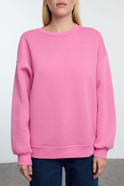 Pembe Oversize/Rahat Kesim Basic Bisiklet Yaka Kal?n/Ici polarl? Orme Sweatshirt TWOAW24SW00102