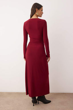 Bordo Duz Buzgu Detayl? Asimetrik Etek Ucu Detayl? Kay?k Yaka Esnek Midi Orme Elbise TWOAW26EL00019 - Trendyolmilla фото 10