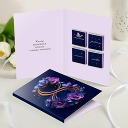 Открытка 4 шоколадки "8 (тёмная с золотом и цветами)"