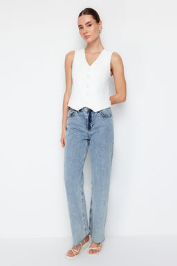 Beyaz Fitted Fitted Dugmeli Crop Dokuma Yelek TWOSS21YE0009