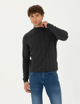 Antrasit Melanj Slim Fit Yar_m Bal_k__ Yaka Triko Kazak