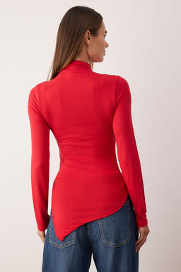 K?rm?z? Fitted Buzgu/Drape Detayl? Dik Yaka Orme Bluz TWOAW25BZ00145