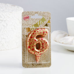 Цена за 2 шт. Свеча в торт «Саната», цифра 6, золотая с красными звездами, 5.5 см