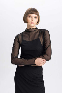 Футболка приталенного кроя с полуводолазкой и длинными рукавами из тюля - Defacto фото 3