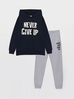 Bask?l? Uzun Kollu Erkek ?ocuk Hoodie ve E?ofman Alt? - Waikiki фото 3