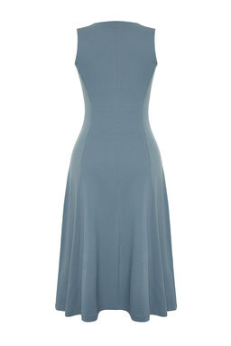 Antrasit %100 Pamuk Skater/Belden Ac?lan Bisiklet Yaka Kolsuz Midi Orme Midi Elbise TWOSS24EL00193