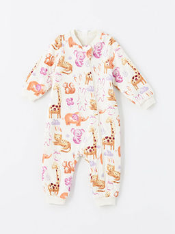 B?organic Bisiklet Yaka Uzun Kollu Bask?l? K?z Bebek Tulum