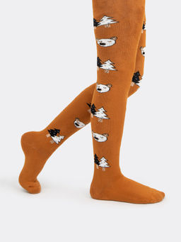 Цена за 3 пары! Плюшевые детские колготки в оттенке кэмел с медведями и ёлками