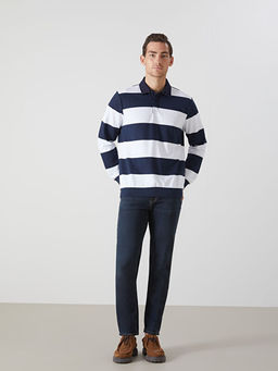 Polo Yaka Uzun Kollu ?izgili Erkek Sweatshirt