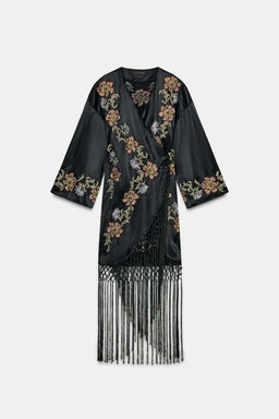 KIMONO WITH FLORAL EMBROIDERY AND FRINGES - Zara фото 6
