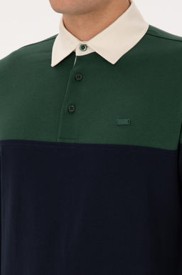 Erkek Regular Fit Polo Yaka Koyu Ye_il Sweatshirt
