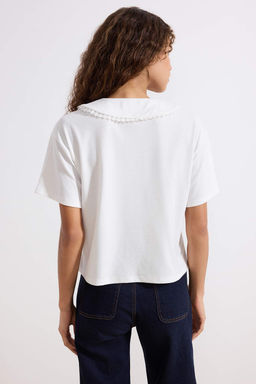 Ekru Regular/Normal Kal?p Polo Yaka Dantel Detayl? Pamuk Ribana Orme Bluz TWOSS26BZ00202 - Trendyolmilla фото 4