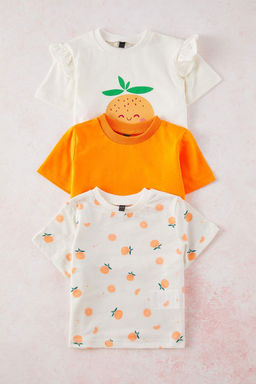 Turuncu 3lu K?z Bebek %100 Pamuk Portakal Bask?l? F?rf?rl? K?sa Kol T-shirt TKDSS25TS00111