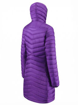 Куртка женская удлинённая стёганая с капюшоном и графеновой подкладкой фиолетового цвета 9628_1F