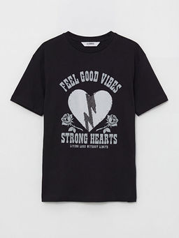 Bisiklet Yaka Bask?l? K?z ?ocuk Ti??rt