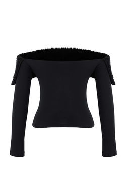 Siyah Suni Kurklu Carmen Yaka Orme Party Bluz TPRAW26BZ00047 - Trendyolmilla фото 3