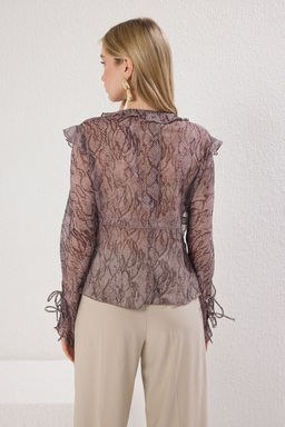Trendyolmilla Vizon Y?lan Desenli Sifon Transparan Baglama Detayl? Dokuma Bluz TWOSS25BZ00427