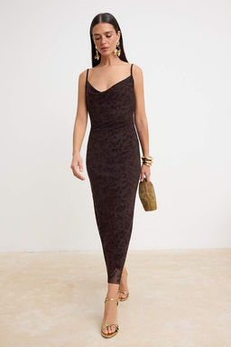 Kahverengi Kabartma Bask_l_ Bodycone/V_cudu Saran Maxi _rme Party Elbise TPRSS26EL00301
