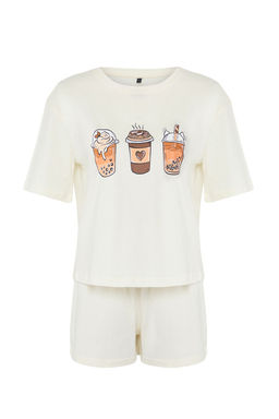 Trendyolmilla Ekru %100 Pamuklu Kahve Bask?l? Sortlu Orme Pijama Tak?m? THMSS25PT00247