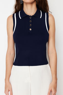 Lacivert Polo Yaka Renk Bloklu Bluz TWOSS24BZ00244