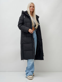 Пальто утепленное стеганное зимнее с капюшоном женское черного цвета 9608Ch - Mtforce фото 14