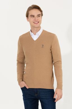 U. S. Polo Assn Мужской вязаный свитер светло-коричневого цвета с v-образным вырезом меланжевого цвета - U.s. polo assn фото 3