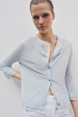 CHAQUETA COMBINADA PUNTO / Azul / Blanco