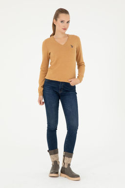 Женский базовый свитер светло-коричневого цвета с v-образным вырезом меланжевого цвета Неожиданная скидка в корзине - U.s. polo assn фото 4